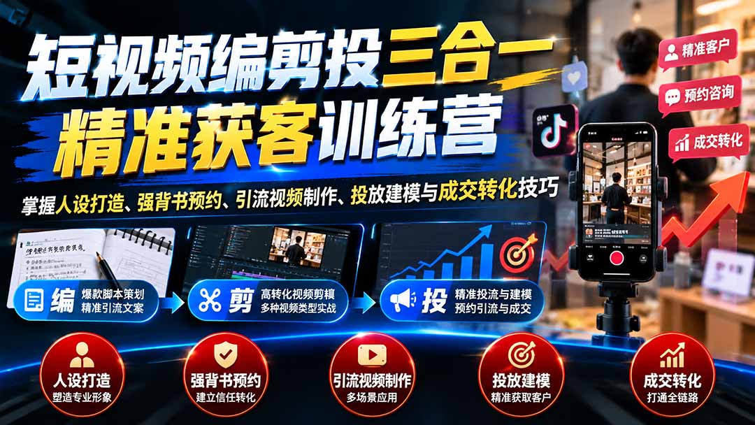 短视频编剪投三合一精准获客训练营:掌握人设打造、强背书预约、引流视频制作、投放建模与成交转化技巧-资源社