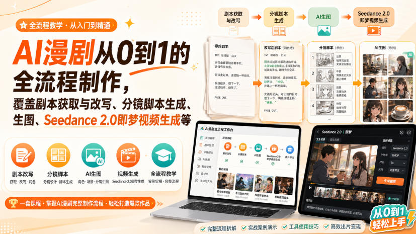 AI漫剧从0到1的全流程制作，覆盖剧本获取与改写、分镜脚本生成、角色场景生图与三视图、Seedance 2.0即梦视频生成(PDF版)-资源社