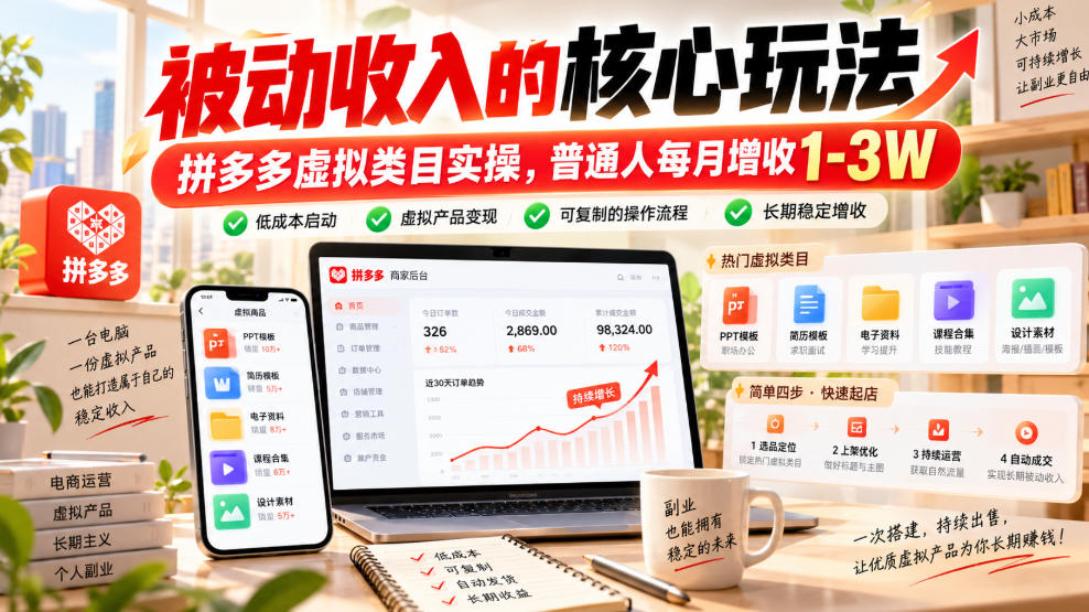 被动收入的核心玩法，拼多多虚拟类目实操，普通人每月增收1-3W【揭秘】-资源社