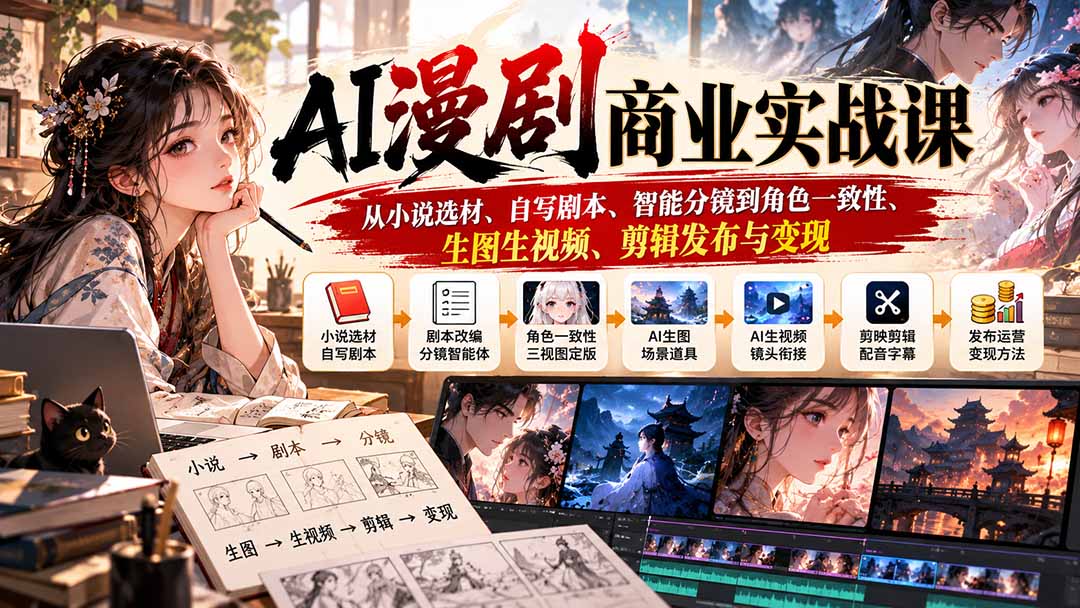 AI漫剧商业实战课:从小说选材、自写剧本、智能分镜到角色一致性、生图生视频、剪辑发布与变现-资源社