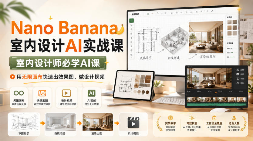 Nano Banana室内设计AI实战课，室内设计师必学AI课，用无限画布快速出效果图、做设计视频-资源社
