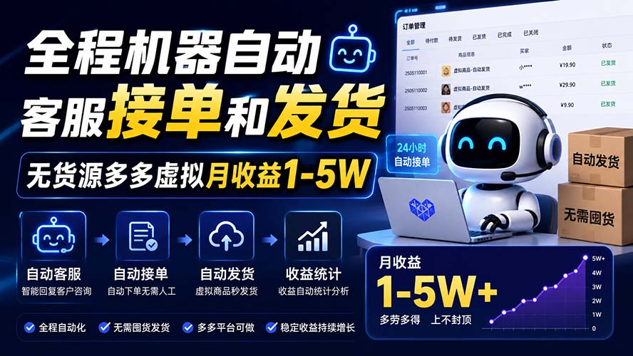 全程机器自动客服接单和发货,无货源多多虚拟月收益1-5W-资源社