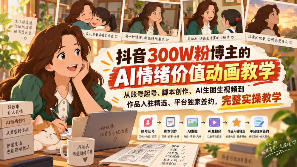 抖音300W粉博主的AI情绪价值动画教学,从账号起号、脚本创作、AI生图生视频到作品入驻精选、平台独家签约,完整实操-资源社
