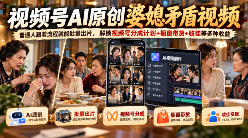 视频号ai原创婆媳矛盾视频,普通人跟着流程就能批量出片,解锁视频号分成计划+橱窗带货+收徒等多种收益-资源社