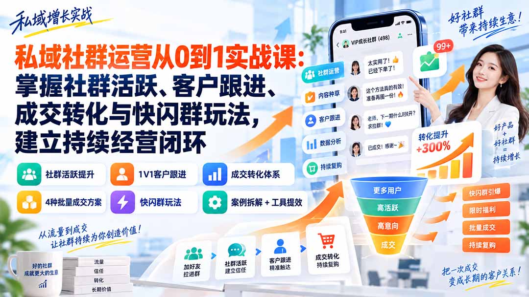私域社群运营从0到1实战课:掌握社群活跃、客户跟进、成交转化与快闪群玩法,建立持续经营闭环-资源社