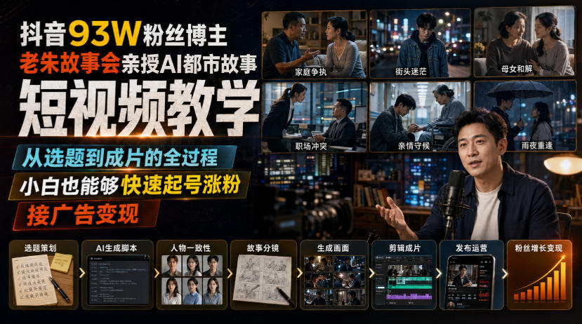 抖音93W粉丝博主老朱故事会亲授AI都市故事短视频教学，从选题到成片的全过程，小白也能够快速起号涨粉接广告变现-资源社