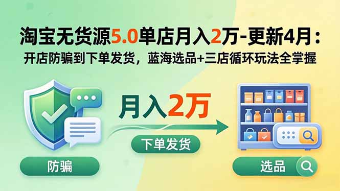 淘宝无货源5.0单店月入2万-更新2026:开店防骗到下单发货,蓝海选品+三店循环玩法全掌握-资源社