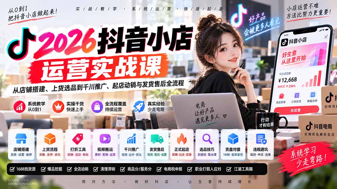 2026抖音小店运营实战课｜从店铺搭建、上货选品到千川推广、起店动销与发货售后全流程-资源社