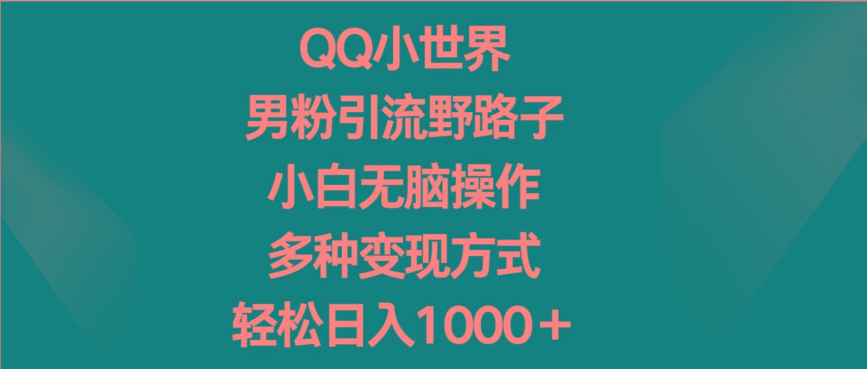 QQ小世界男粉引流野路子，小白无脑操作，多种变现方式轻松日入1000＋-资源社