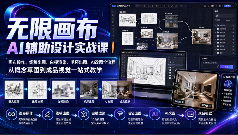 无限画布AI辅助设计实战课|画布操作、线稿出图、白模渲染、毛坯出图、AI改图全流程,从概念草图到成品视觉一站式教学-资源社