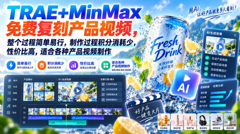 TRAE+MinMax免费复刻产品视频，整个过程简单易行，制作过程积分消耗少，性价比高，适合各种产品视频制作-资源社