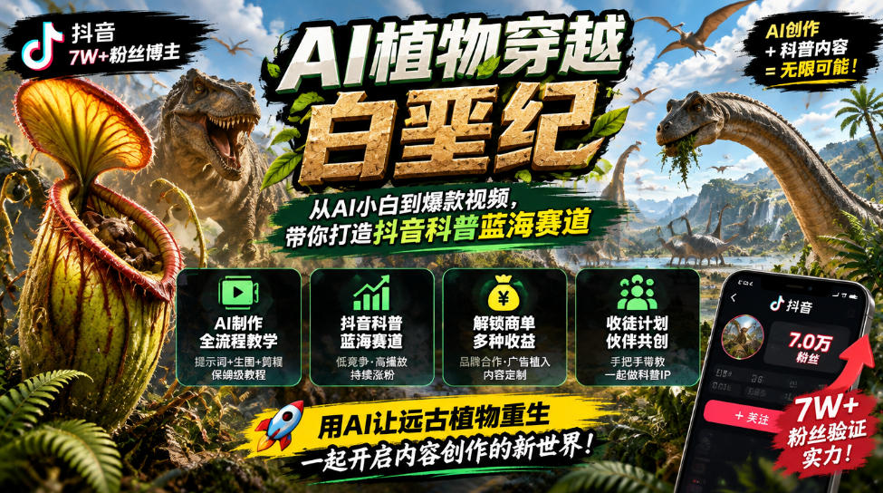 抖音7W粉丝博主的AI植物穿越白垩纪教学,抖音科普蓝海赛道,解锁商单收徒伙伴计划等多种收益-资源社