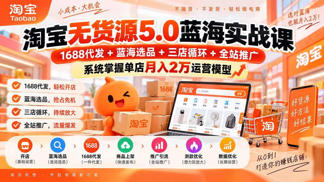淘宝无货源5.0蓝海实战课-更新0927：1688代发+蓝海选品+三店循环+全站推广，系统掌握单店月入2万运营模型-资源社