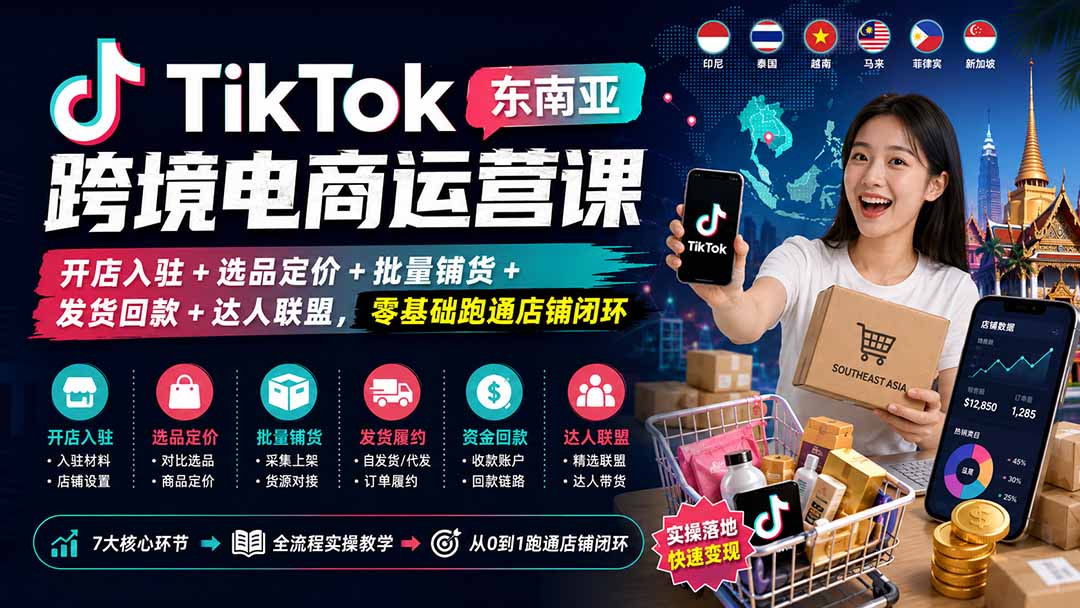 TikTok东南亚跨境电商运营课：开店入驻+选品定价+批量铺货+发货回款+达人联盟，零基础跑通店铺闭环-资源社