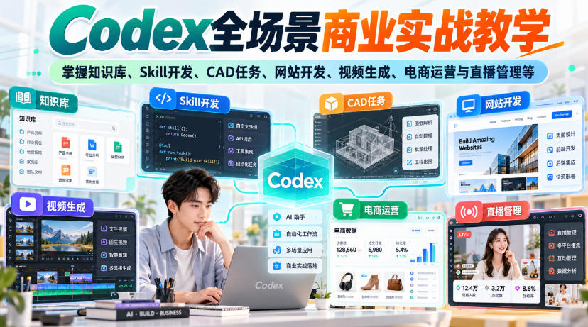 【无水印】Codex全场景商业实战教学，掌握知识库、Skill开发、CAD任务、网站开发、视频生成、电商运营与直播管理等-资源社