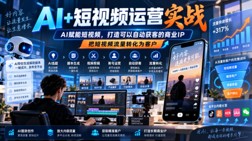 AI+短视频运营实战，AI赋能短视频，打造可以自动获客的商业IP，把短视频流量转化为客户-资源社