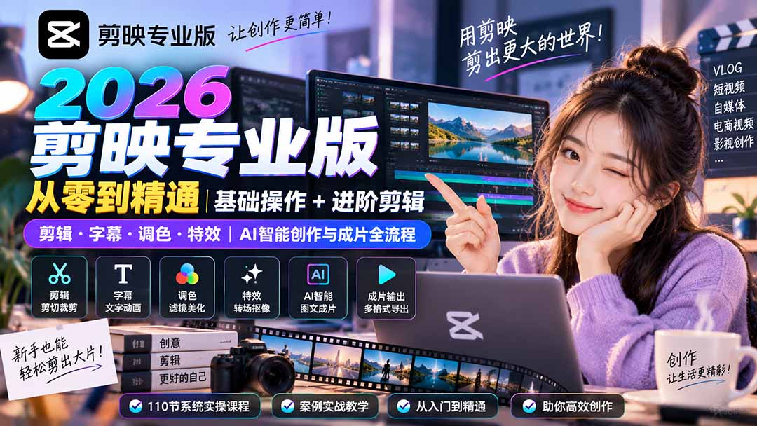 2026剪映专业版从零到精通｜基础操作+进阶剪辑｜剪辑·字幕·调色·特效｜AI智能创作与成片全流程-资源社