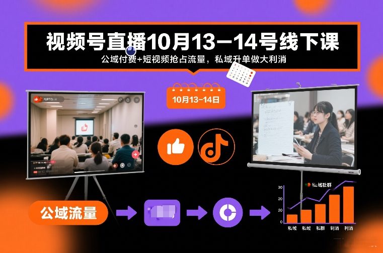 视频号直播10月13-14号线下课，公域付费+短视频抢占流量，私域升单做大利消-资源社