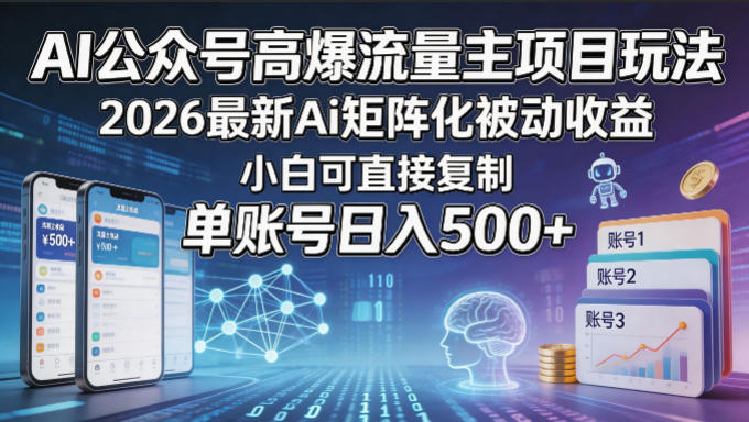 AI公众号高爆流量主项目玩法，2026最新Ai矩阵化被动收益，小白可直接复制，单账号日入500+-资源社