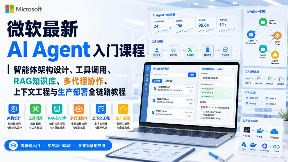 微软最新AI Agent入门课程|智能体架构设计、工具调用、RAG知识库、多代理协作、上下文工程与生产部署全链路教程【英文】-资源社
