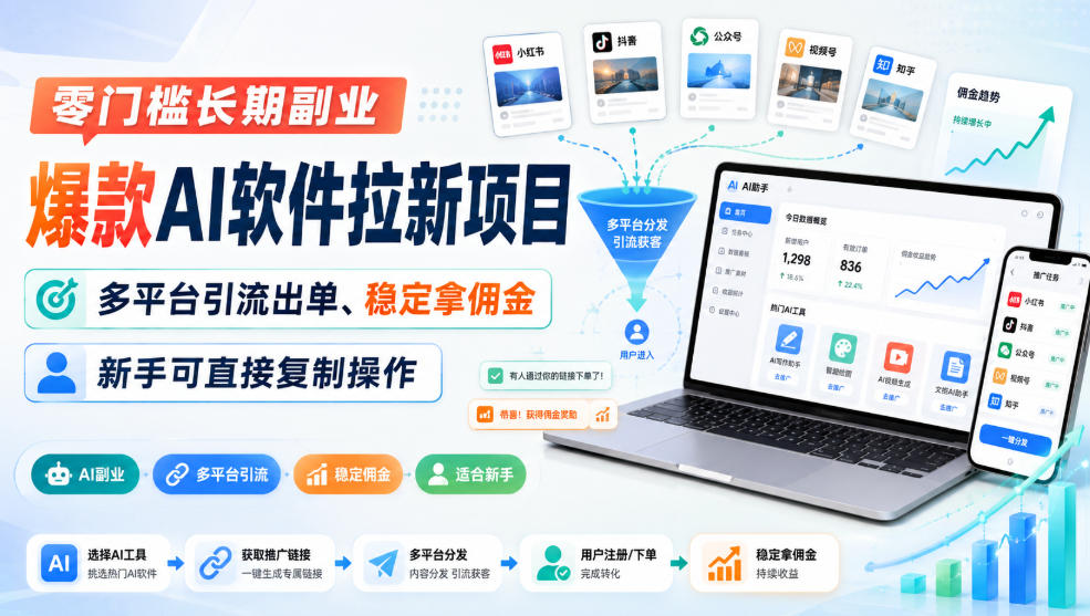 零门槛长期副业,爆款AI软件拉新项目,多平台引流出单、稳定拿佣金,新手可直接复制操作-资源社