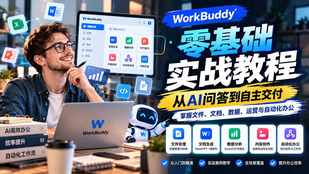 WorkBuddy零基础实战教程:从AI问答到自主交付,掌握文件、文档、数据、运营与自动化办公-资源社