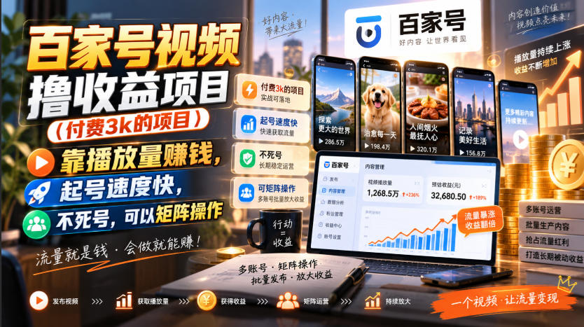 百家号视频撸收益项目(付费3k的项目),靠播放量賺钱,起号速度快,不死号,可以矩阵操作-资源社