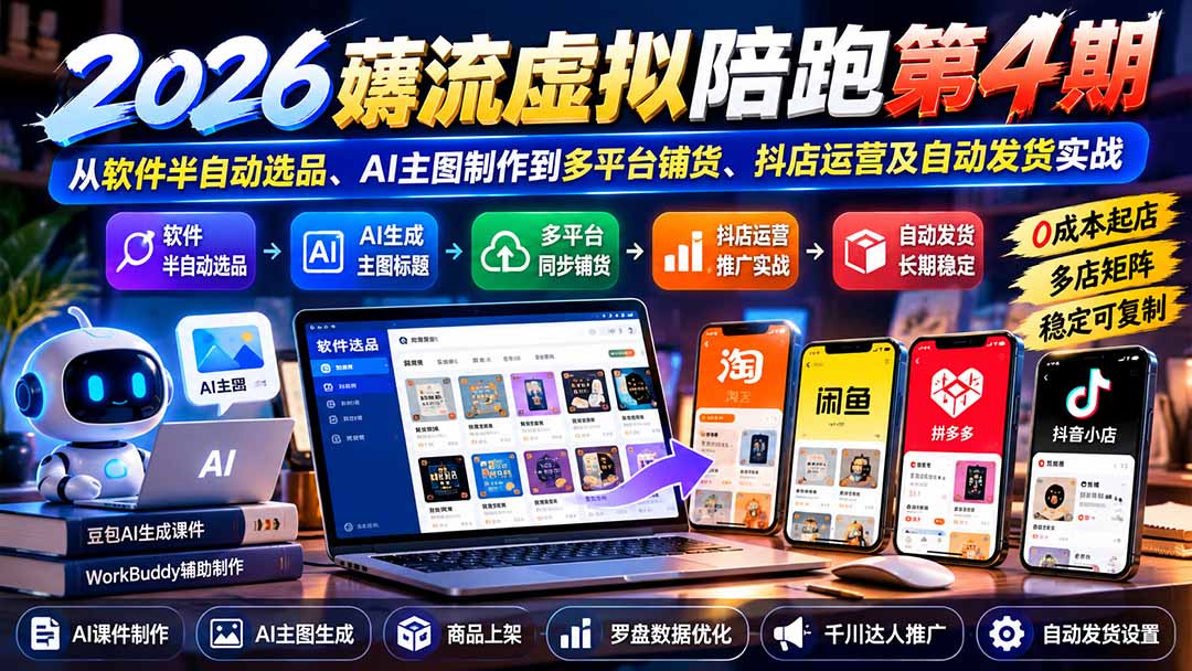 2026薅流虚拟陪跑第4期:从软件半自动选品、AI主图制作到多平台铺货、抖店运营及自动发货实战-资源社