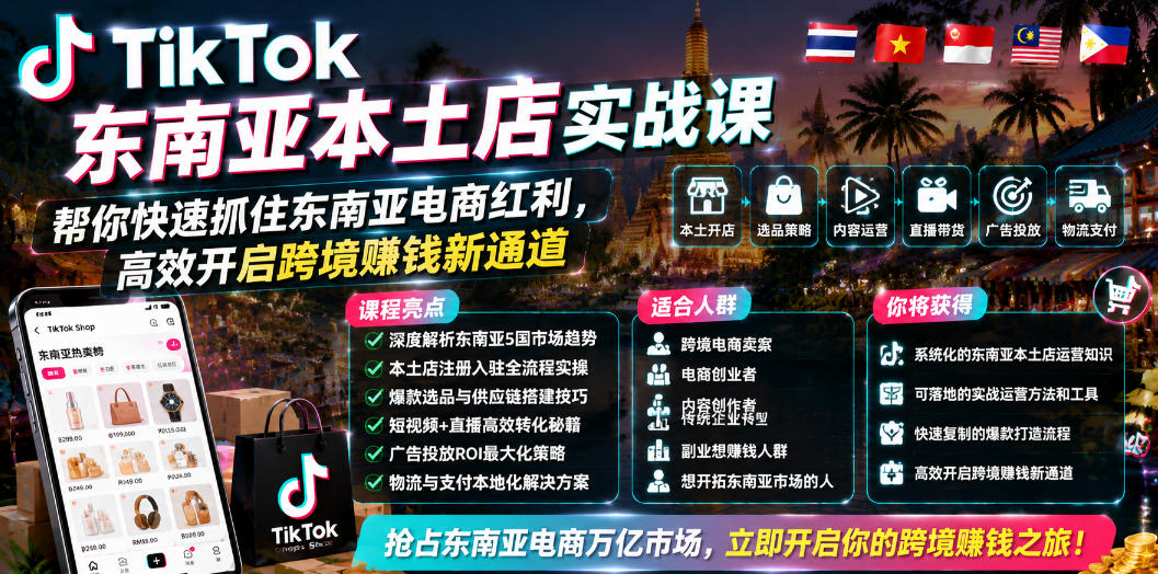 TikTok东南亚本土店实战课,帮你快速抓住东南亚电商红利,高效开启跨境賺钱新通道-资源社