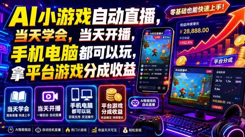 AI小游戏自动直播,当天学会,当天开播,手机电脑都可以玩,拿平台游戏分成收益-资源社