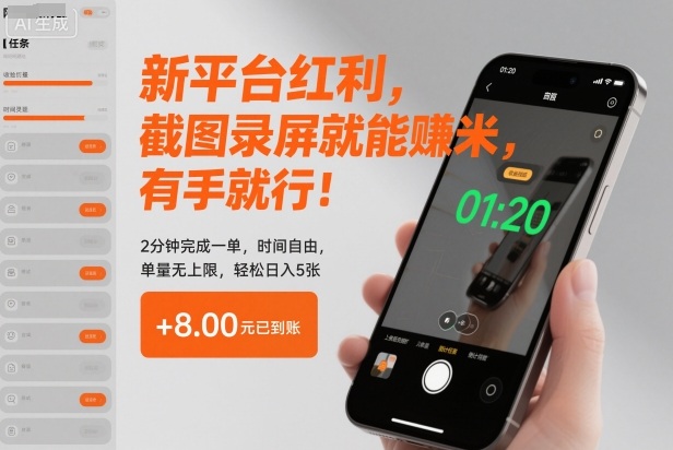 新平台红利，截图录屏就能賺米，有手就行！2分钟完成一单，时间自由，单量无上限，轻松日入5张【揭秘】-资源社