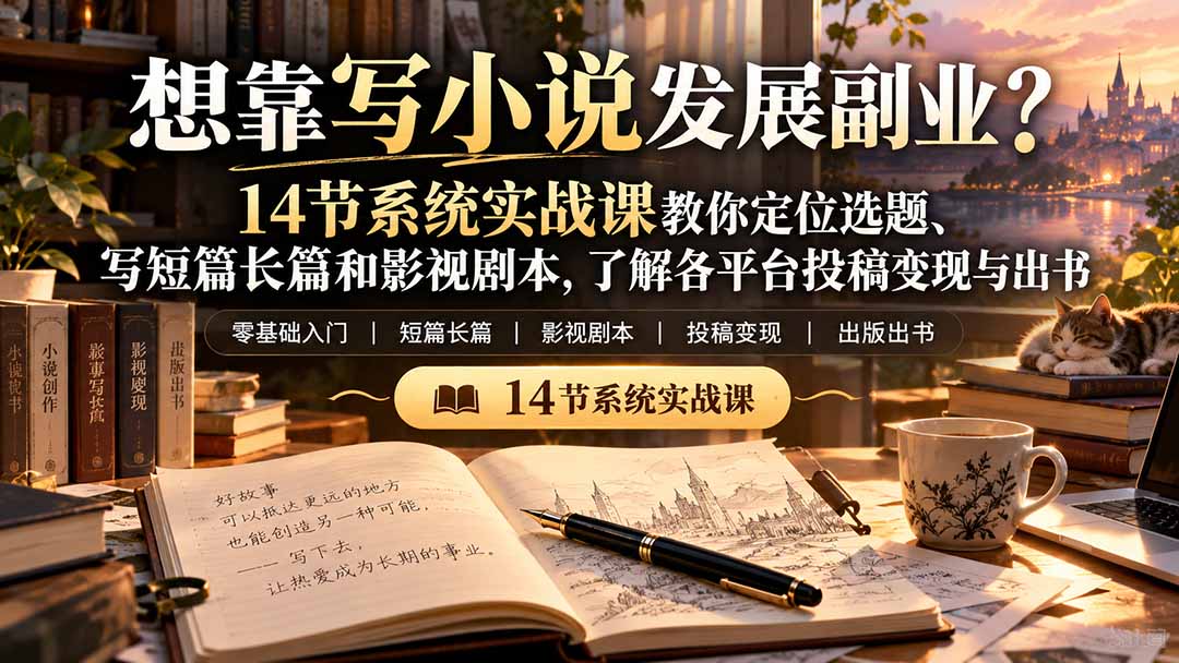 【无水印】想靠写小说发展副业?14节系统实战课教你定位选题、写短篇长篇和影视剧本,了解各平台投稿变现与出书-资源社