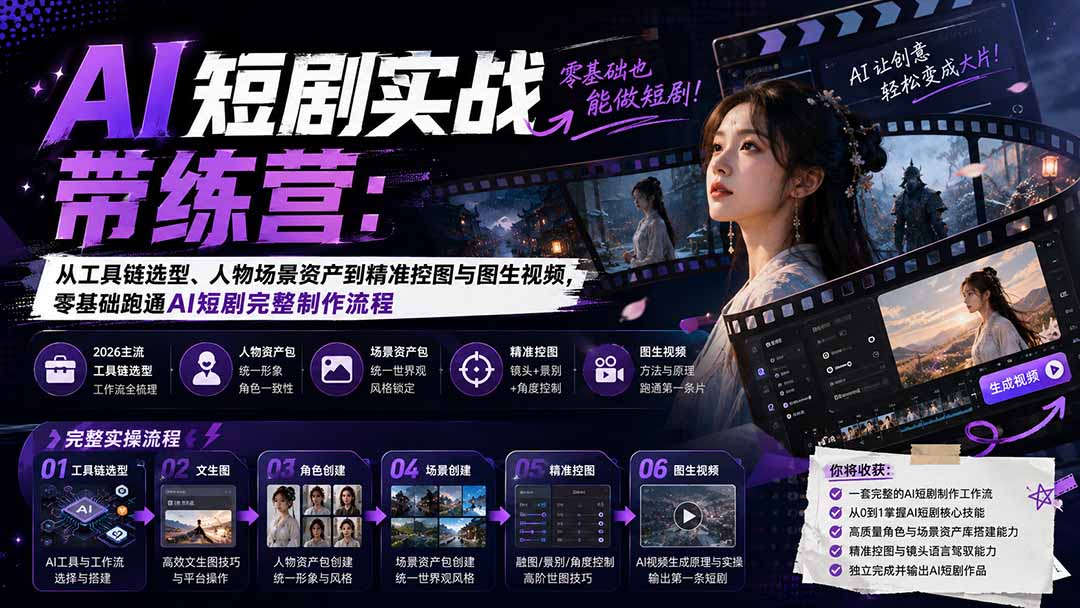 AI短剧实战训练营：从工具链选型、人物场景资产到精准控图与图生视频，零基础跑通AI短剧完整制作流程-资源社