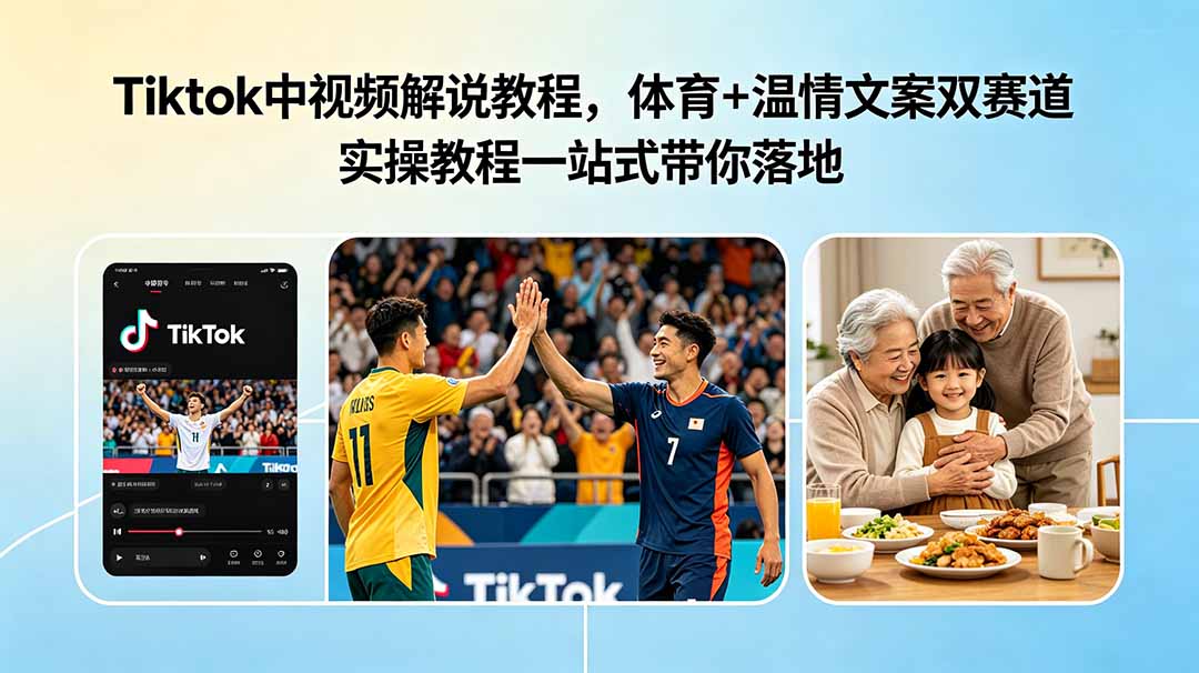 Tiktok中视频解说教程,体育+温情文案双赛道实操教程一站式带你落地-资源社