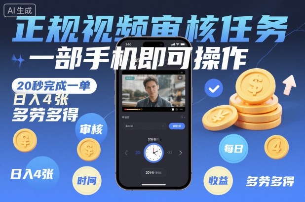 正规视频审核任务，一部手机即可操作，20秒完成一单，日入4张，多劳多得【揭秘】-资源社