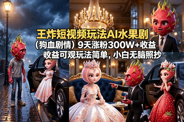 王炸短视频玩法AI水果剧(狗血剧情)9天涨粉300W+收益可观玩法简单，小白无脑照抄，详细拆解玩法-资源社