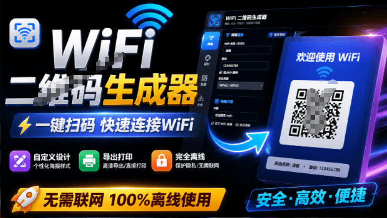 完全离线使用！WiFi二维码生成器，一键扫码快速连接WiFi，支持自定义风格导出WiFi二维码生成器-资源社
