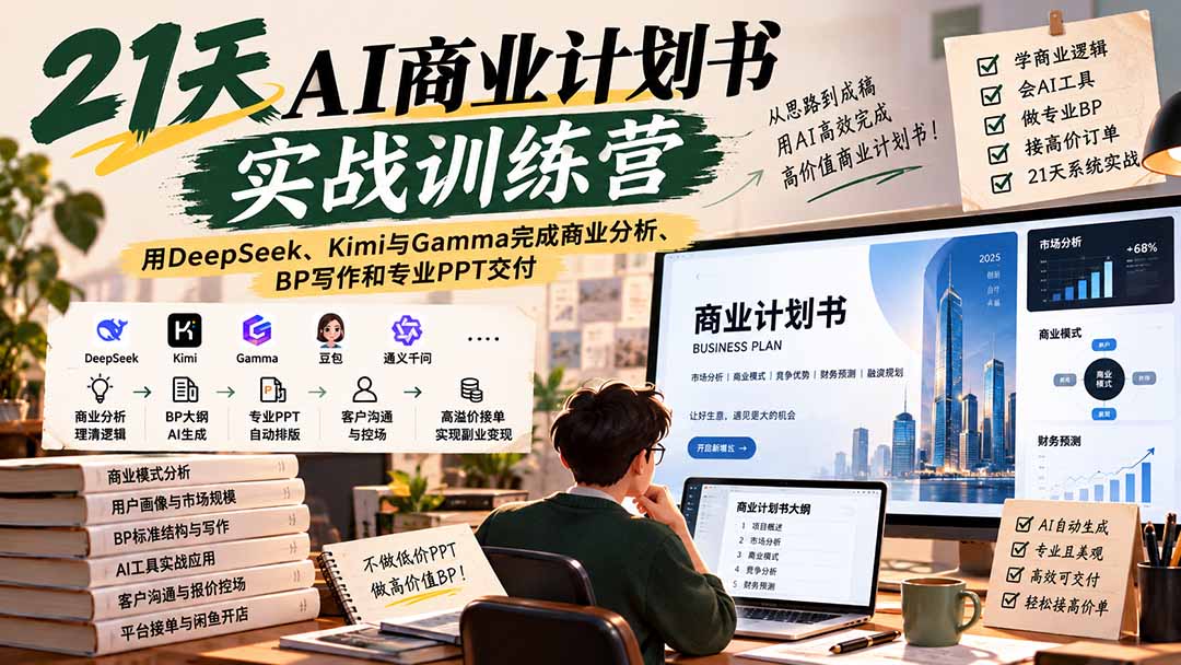 【无水印】21天AI商业计划书实战训练营:用DeepSeek、Kimi与Gamma完成商业分析、BP写作和专业PPT交付-资源社