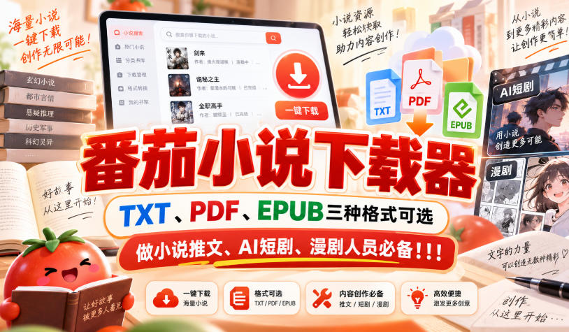 番茄小说下载器,TXT、PDF、EPUB三种格式可选,做小说推文、AI短剧、漫剧人员必备!!!-资源社