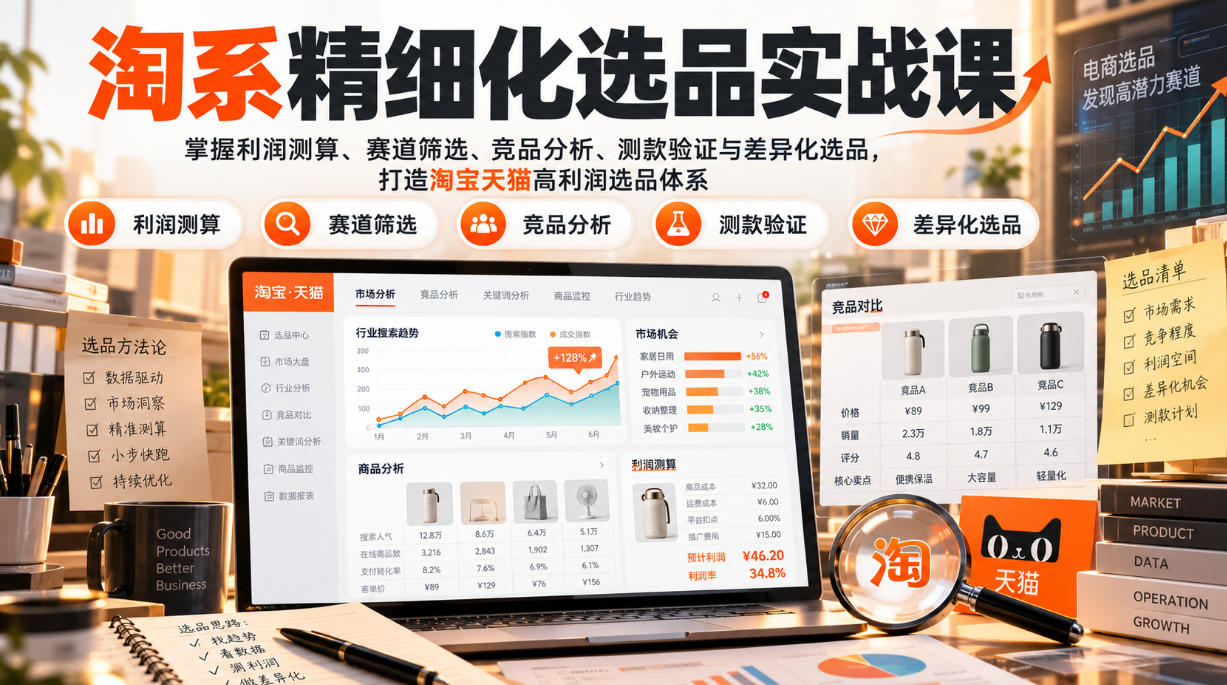 货架电商精细化选品实战课：掌握利润测算、赛道筛选、竞品分析、测款验证与差异化选品，打造淘宝天猫高利润选品体系-资源社