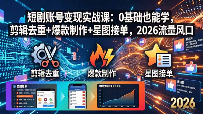 短剧账号变现实战课：0基础也能学，剪辑去重+爆款制作+星图接单，2026流量风口-资源社