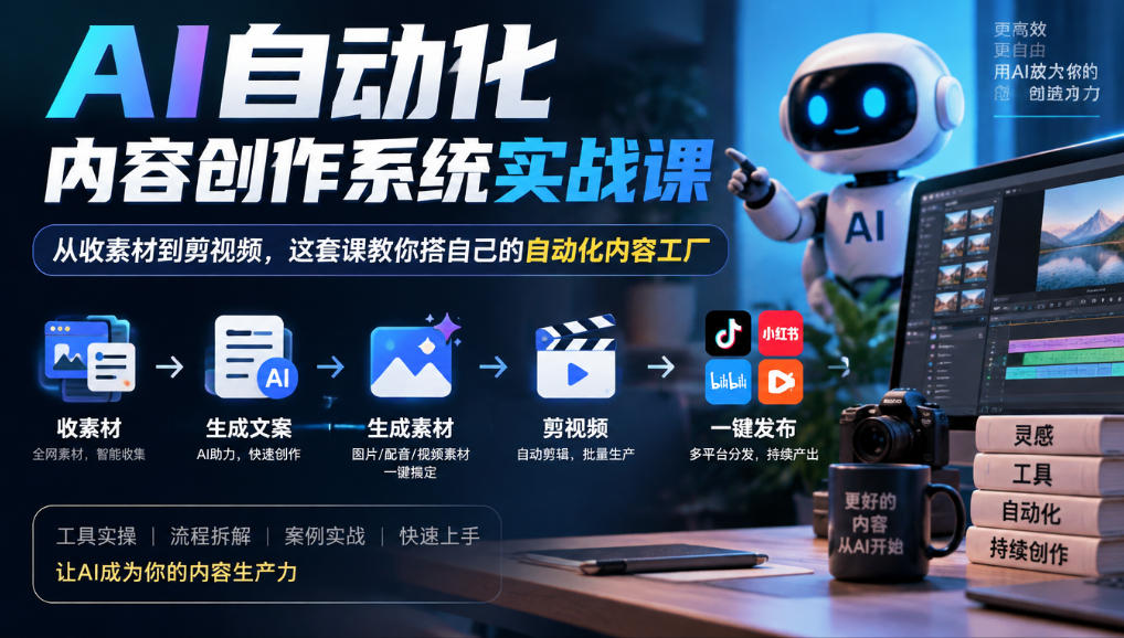 AI自动化内容创作系统实战课，从收素材到剪视频，这套课教你搭自己的自动化内容工厂-资源社