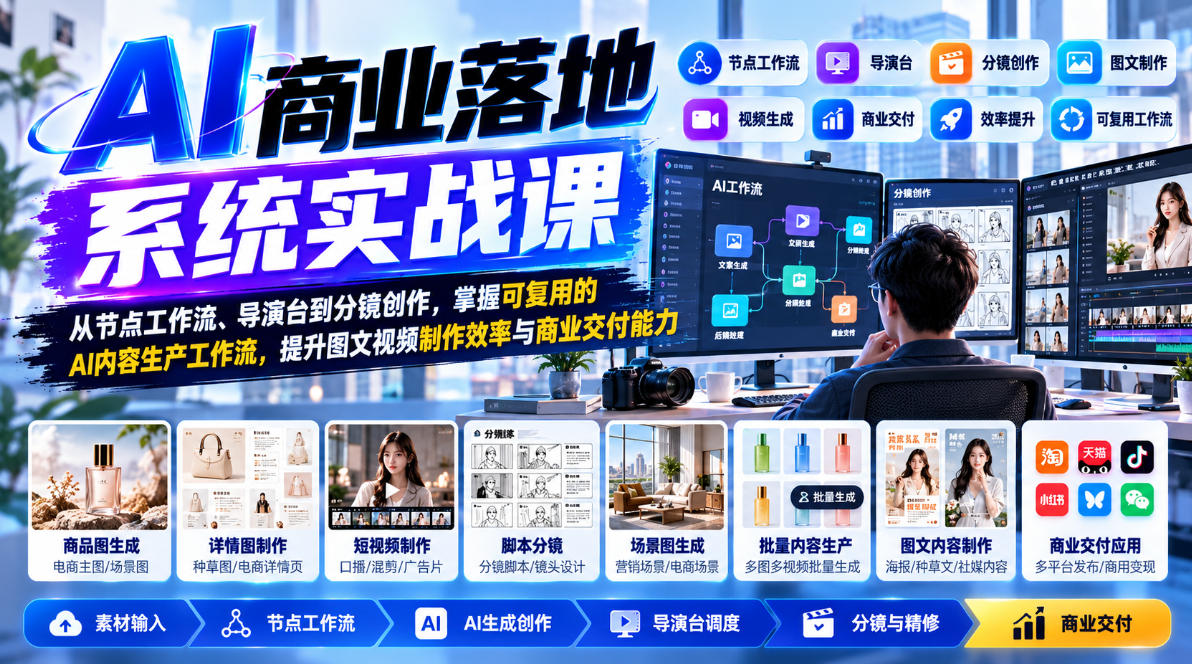 【无水印】AI商业落地系统实战课,从节点工作流、导演台到分镜创作,掌握可复用的AI内容生产工作流,提升图文视频制作效率与商业交付能力-资源社