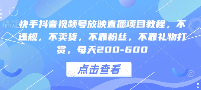 快手抖音视频号放映直播项目教程，不违规，不卖货，不靠粉丝，不靠礼物打赏，每天200-600-资源社