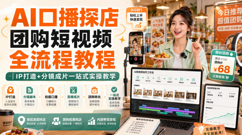 AI口播探店团购短视频全流程教程|IP打造+分镜成片一站式实操教学-资源社
