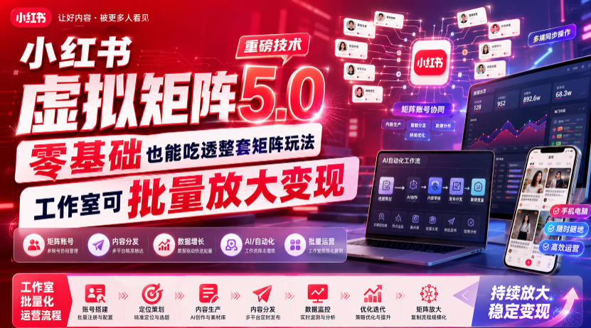 小红书虚拟矩阵5.0重磅技术,零基础也能吃透整套矩阵玩法,工作室可批量放大变现-资源社
