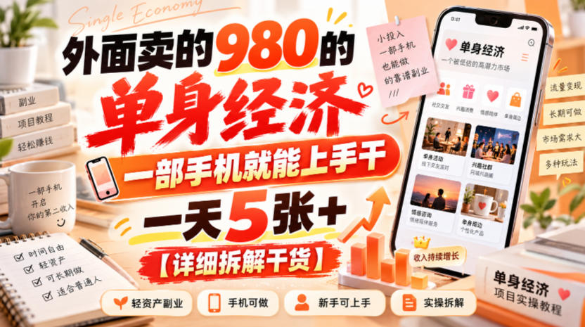 外面卖的980的单身经济,一部手机就能上手干,一天5张+【详细拆解干货】-资源社