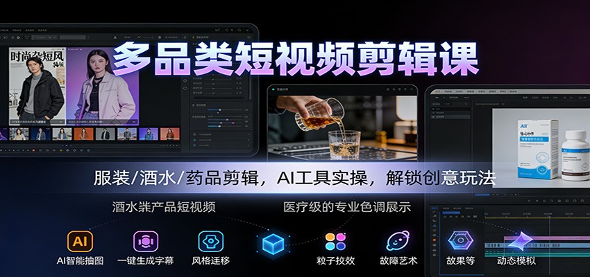 多品类短视频剪辑课：服装/酒水/药品剪辑，AI工具实操，解锁创意玩法-资源社