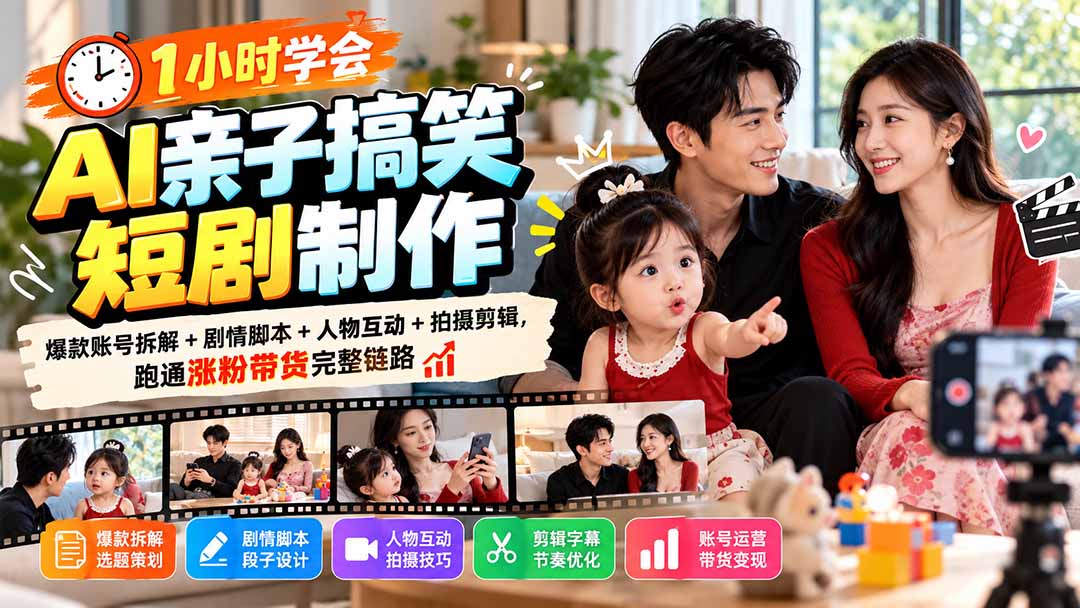 1小时学会AI亲子搞笑短剧制作:爆款账号拆解+剧情脚本+人物互动+拍摄剪辑,跑通涨粉带货完整链路-资源社