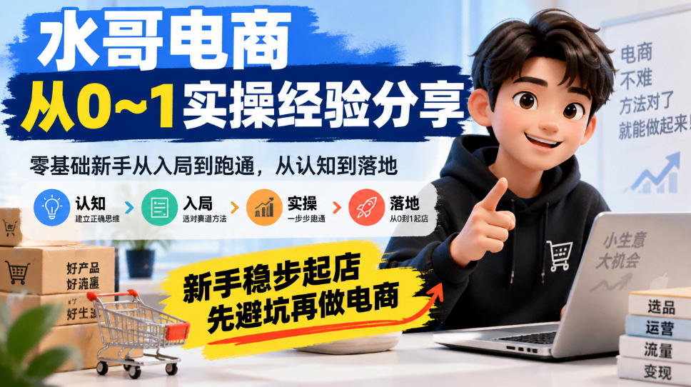 水哥电商从0~1实操经验分享，​零基础新手从入局到跑通，从认知到落地，新手稳步起店，先避坑再做电商-资源社